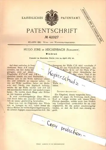 Original Patent -  Hugo Jone in Reichenbach i. Schlesien / Dzierzoniów , 1887 , Windrad , Windmühle !!