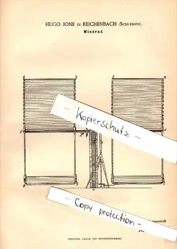 Original Patent -  Hugo Jone in Reichenbach i. Schlesien / Dzierzoniów , 1887 , Windrad , Windmühle !!