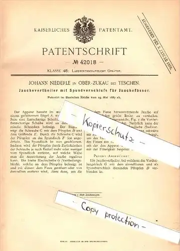 Original Patent - J. Niederle in Ober Zuckau bei Teschen / Cieszyn i. Schlesien , 1887 , Verteiler für Jauche , Agrar !!