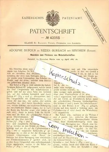 Original Patent - A. Dufour  à Niederburbach / Bourbach le Bas dans Sentheim , 1887 , Appareil pour le tissage !!!