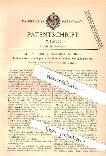Original Patent - Gerhard Hirt in Dauchingen i. Baden , 1898 , Diebstahlschutz für Kleidung , Diebstahl !!!