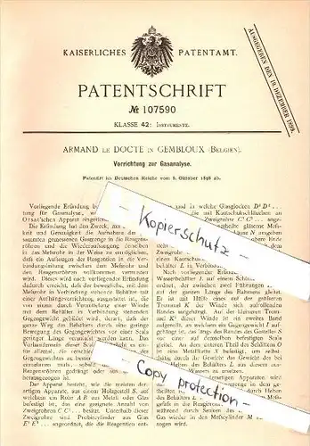 Original Patent - Armand le Docte in Gembloux , Belgien , 1898 , Apparat zur Gasanalyse , Labor , Chemie !!!