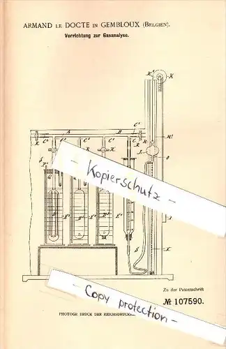 Original Patent - Armand le Docte in Gembloux , Belgien , 1898 , Apparat zur Gasanalyse , Labor , Chemie !!!