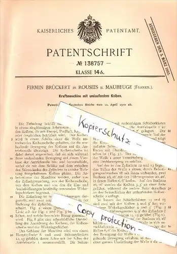 Original Patent - Firmin Brückert à Rousies b. Maubeuge , 1900 , Moteur à combustion avec tous azimuts piston !!!