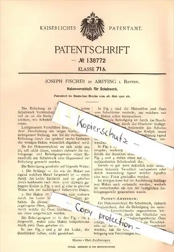 Original Patent - Joseph Fischer in Ampfing i. Bayern , 1902 , Verschluß für Schuhwerk , Schuhe , Schuhmacher , Schuster