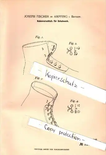 Original Patent - Joseph Fischer in Ampfing i. Bayern , 1902 , Verschluß für Schuhwerk , Schuhe , Schuhmacher , Schuster