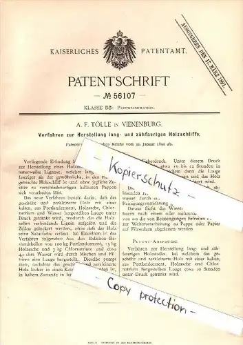 Original Patent - A.F. Tölle in Vienenburg b. Goslar , 1890 , Herstellung von Holzschliff , Holz , Tischlerei !!!