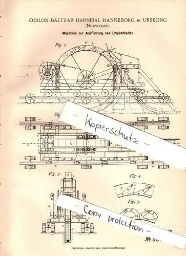 Original Patent -O.B. Hannibal Hanneborg in Urskong , Norwegen , 1890 , Maschine zur Entwässerung , Wasserbau !!!