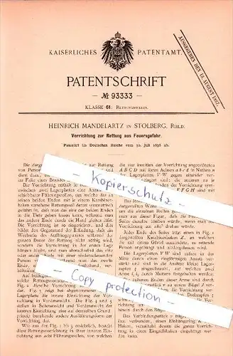 Original Patent - Heinrich Mandelarzt in Stolberg, Rhld. , 1896 , Vorrichtung zur Rettung aus Feuergefahr !!!