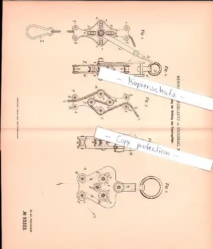 Original Patent - Heinrich Mandelarzt in Stolberg, Rhld. , 1896 , Vorrichtung zur Rettung aus Feuergefahr !!!