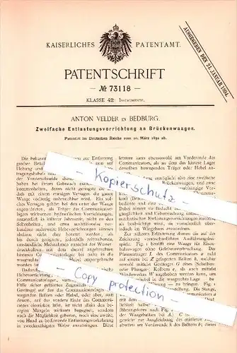 Original Patent - Anton Velder in Bedburg , 1892 ,  Entlastungsvorrichtung an Brückenwaagen!!!