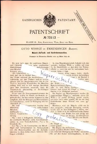 Original Patent - Otto Wehrle in Emmendingen (Baden) , 1893 , Maisch-Aufhack- und Austrebermaschine !!!