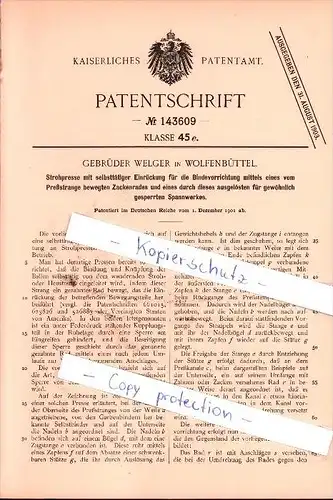 Original Patent - Gebrüder Welger in Wolfenbüttel , 1901 , Strohpresse mit selbsttätiger Einrückung  !!!