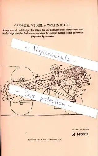 Original Patent - Gebrüder Welger in Wolfenbüttel , 1901 , Strohpresse mit selbsttätiger Einrückung  !!!