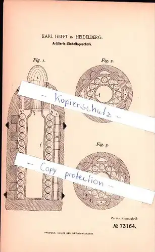 Original Patent - Karl Hefft in Heidelberg , 1892 , Artillerie - Einheitsgeschoß !!!