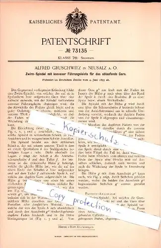 Original Patent - Alfred Gruschwitz in Neusalz a. O. / Nowa Sól , 1893 , Zwirn-Spindel für das ablaufende Garn !!!