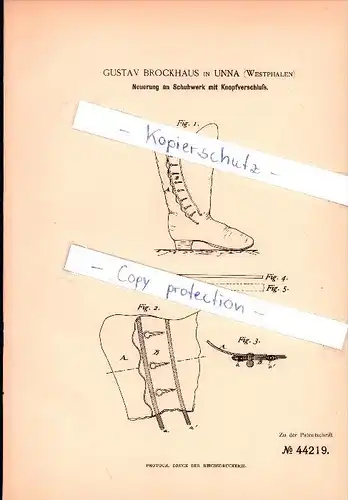 Original Patent - Gustav Brockhaus in Unna (Westfhalen) , 1888 , Neuerung an Schuhwerk mit Knopfverschluß !!!