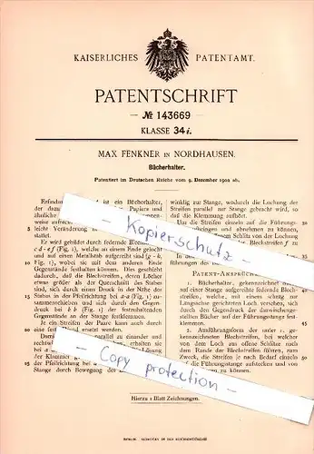 Original Patent -Max Fenkner in Nordhausen , 1902 , Bücherhalter !!!