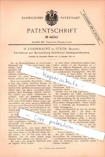 Original Patent - H. Rosenhaupt in Fürth (Bayern) , 1887 , Verfahren zur Darstellung fettfreier Hochglanzbronce !!!