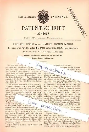 Original Patent -Friedrich König in der Nahmer , 1888 , Formapparat für  Stiefeleisenmaschine !!!