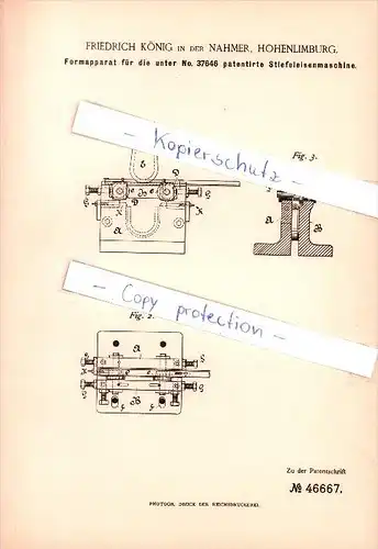 Original Patent -Friedrich König in der Nahmer , 1888 , Formapparat für  Stiefeleisenmaschine !!!