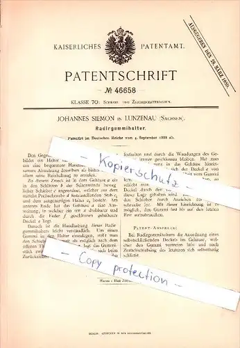 Original Patent - Johannes Siemon in Lunzenau (Sachsen) , 1888 , Radiergummihalter !!!