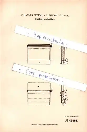 Original Patent - Johannes Siemon in Lunzenau (Sachsen) , 1888 , Radiergummihalter !!!