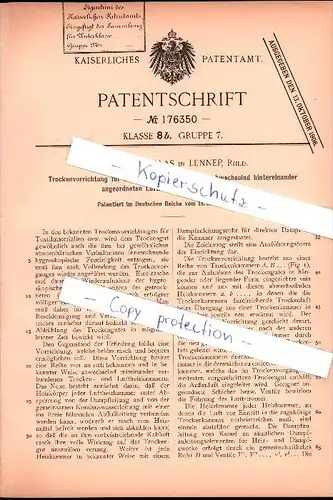 Original Patent - Friedrich Haas in Lennep, Rhld. , 1905 , Trockenvorrichtung für Textilmaterialien  !!!