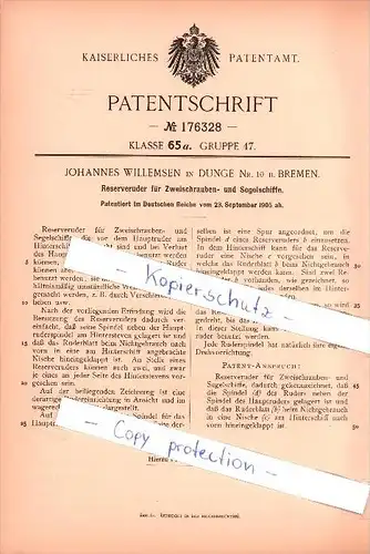 Original Patent - Johannes Willemsen in Dunge Nr.10 , 1905 , Reserveruder für Segelschiffe , Schiff , Segeln !!!