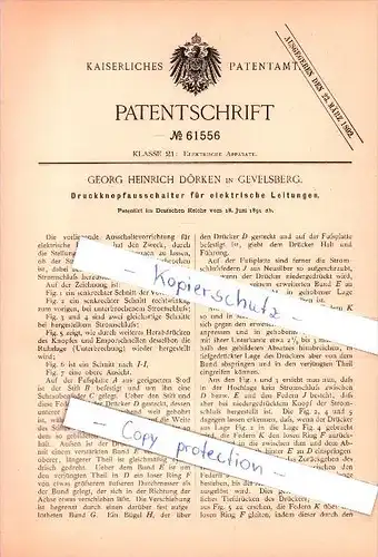 Original Patent - Georg Heinrich Dörken in Gevelsberg , 1891 ,  Ausschalter für elektrische Leitungen , Elektrik !!!