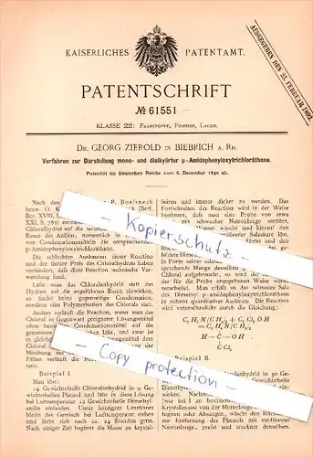 Original Patent - Dr. Georg Zierold in Biebrich a. Rh. , 1890 , Farbstoffe , Firnisse , Lacke , Chemie !!!