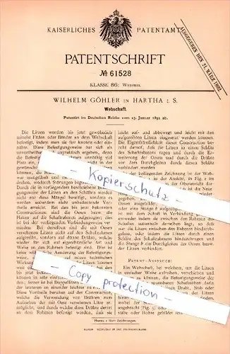 Original Patent - Wilhelm Göhler in Hartha i. S. , 1891 , Webschaft , Weberei , Weber !!!