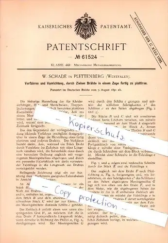 Original Patent - W. Schade in Plettenberg , 1891 , Drähte plattieren, mech. Metallbearbeitung , Metallbau !!!