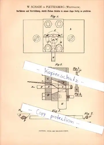 Original Patent - W. Schade in Plettenberg , 1891 , Drähte plattieren, mech. Metallbearbeitung , Metallbau !!!