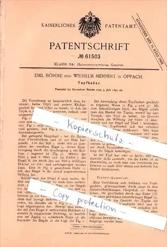 Original Patent - Emil Böhme und Wilhelm Mehnert in Oppach , 1891 ,  Topfheber!!!