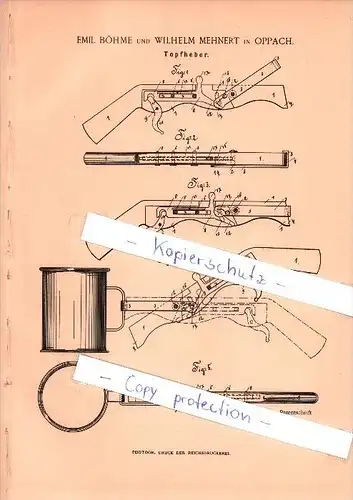 Original Patent - Emil Böhme und Wilhelm Mehnert in Oppach , 1891 ,  Topfheber!!!