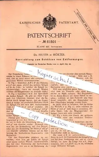 Original Patent - Dr. Reuter in Höxter , 1891 , Vorrichtung zum Schätzen von Entfernungen !!!