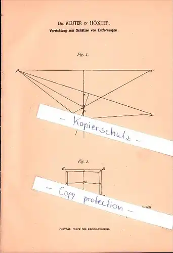 Original Patent - Dr. Reuter in Höxter , 1891 , Vorrichtung zum Schätzen von Entfernungen !!!