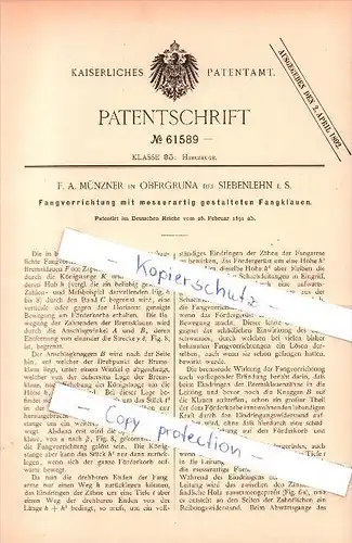 Original Patent -  F.A. Münzner in Obergruna bei Siebenlehn i. S. , 1891 , Fangvorrichtung, Hebezeuge , Kran !!!