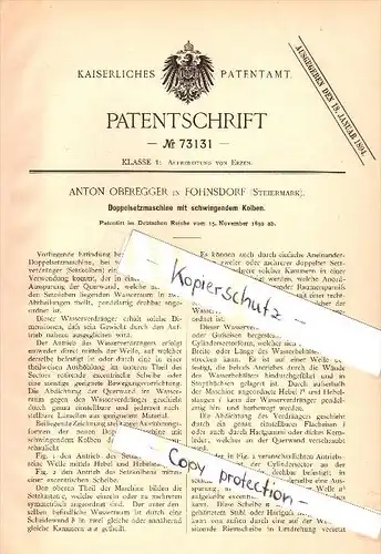 Original Patent - Anton Oberegger in Fohnsdorf , Steiermark , 1892 , Setzmaschine mit schwingendem Kolben , Murtal !!!