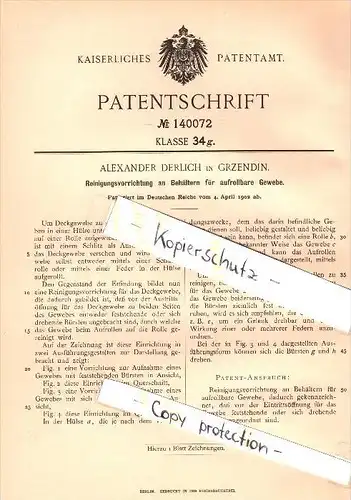 Original Patent - Alexander Derlich in Grzendin / Grzendzin , 1902 , Reiniger für Gewebe , Groß Neukirch , Cosel !!!