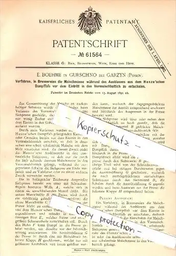 Original Patent - E. Boehme in Gurschno bei Garzyn , Posen , 1891 , Apparat für Maische , Brennerei , Brauerei , Alkohol