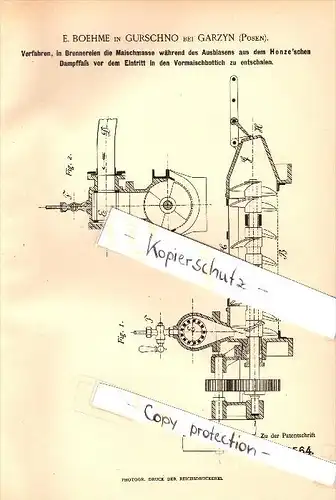 Original Patent - E. Boehme in Gurschno bei Garzyn , Posen , 1891 , Apparat für Maische , Brennerei , Brauerei , Alkohol