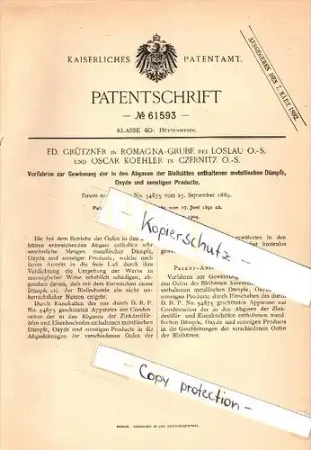 Original Patent - E. Grützner in Romagna-Grube b. Loslau / Wodzislaw Slaski und O. Koehler in Czernitz O.-S. , 1891 !!!