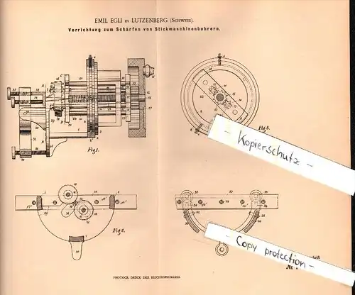 Original Patent -  Emil Egli in Lutzenberg b. Appenzell , 1901 , Schärfapparat für Bohrer , Stickerei !!!