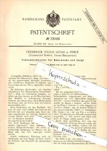 Original Patent - F.H. Höhs in Penge , Surrey , 1893 , Thread trimmer, sewing , London !!!