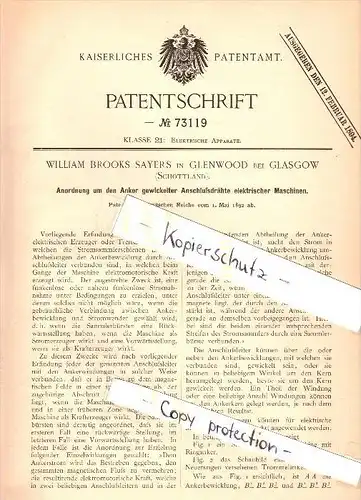 Original Patent - W.B. Sayers in Glenwood b. Glasgow , 1892 , anchor for electrical machines , motor , Scotland  !!!