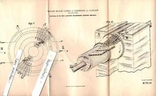 Original Patent - W.B. Sayers in Glenwood b. Glasgow , 1892 , anchor for electrical machines , motor , Scotland  !!!