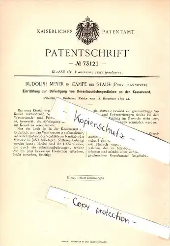 Original Patent - Rudolph Meyer in Campe bei Stade , 1892 , Einrichtung für Dampfkessel , Dampfmaschine , Hannover  !!!