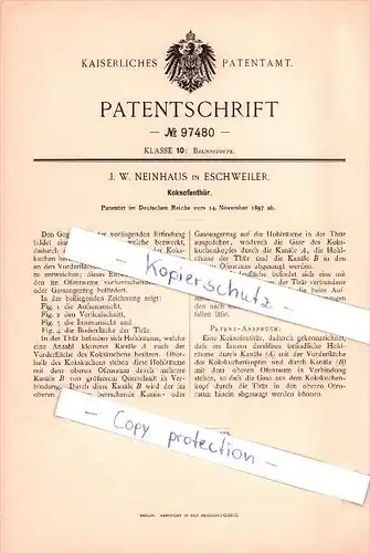 Original Patent - J. W. Neinhaus in Eschweiler , 1897 , Koksofenthür !!!
